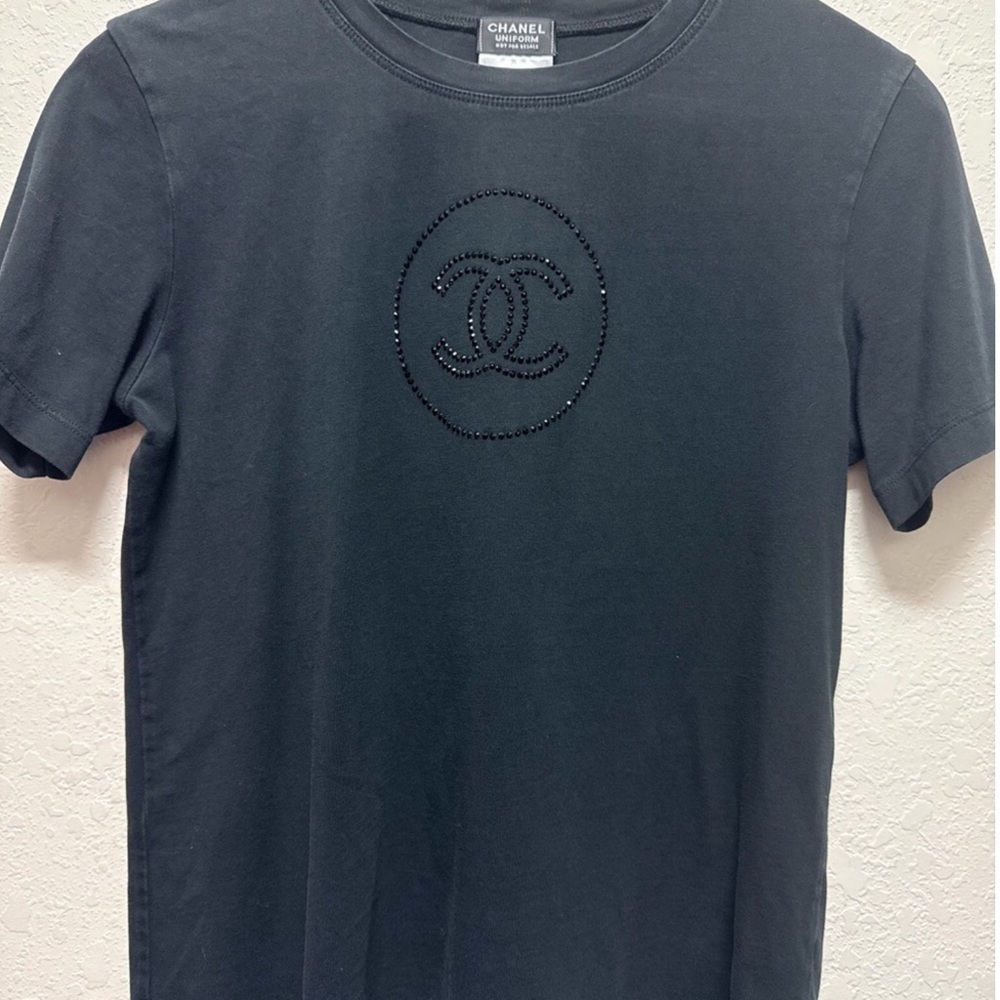 Authentic CHANEL Black Short Sleeve uniform T-Shirt with Embellished CC Logo